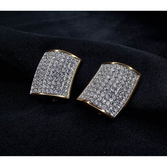 Vintage Swarovski 1990s Gold-Plated Square Clip-On Earrings With Clear Crystal P - Picture 4 of 6